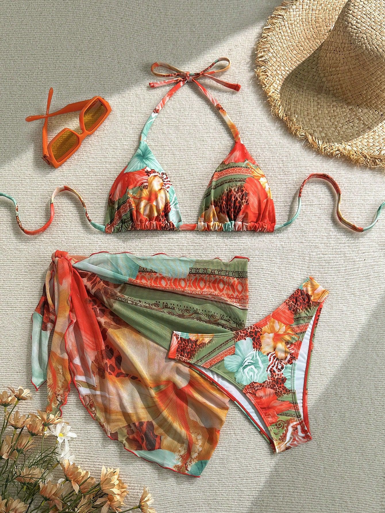 Bikini 3 piezas con pareo – Set sexy floral para playa y piscina