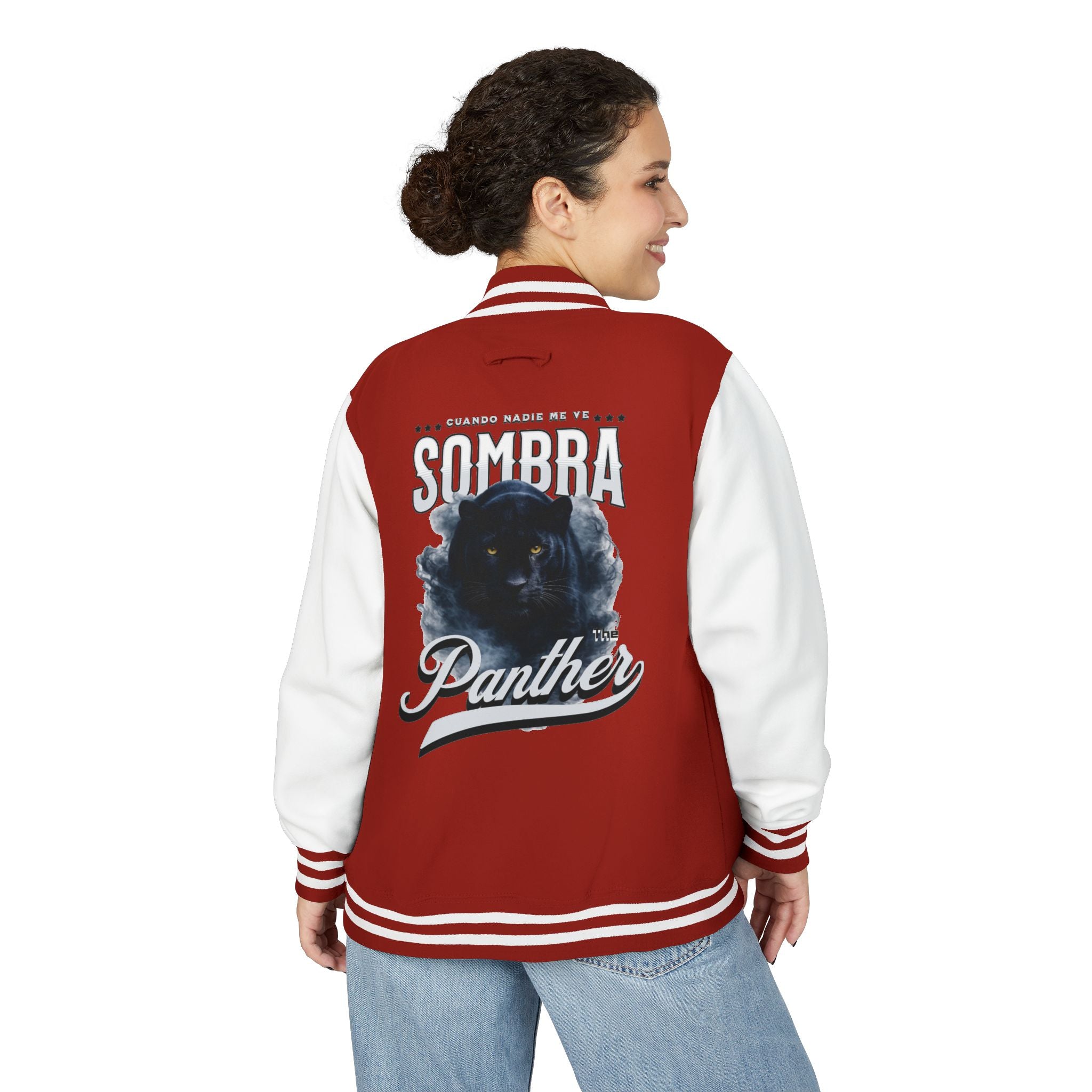 Sombra Panther Varsity Jacket — Retro Red Letterman Jacket with Black Panther Graphic