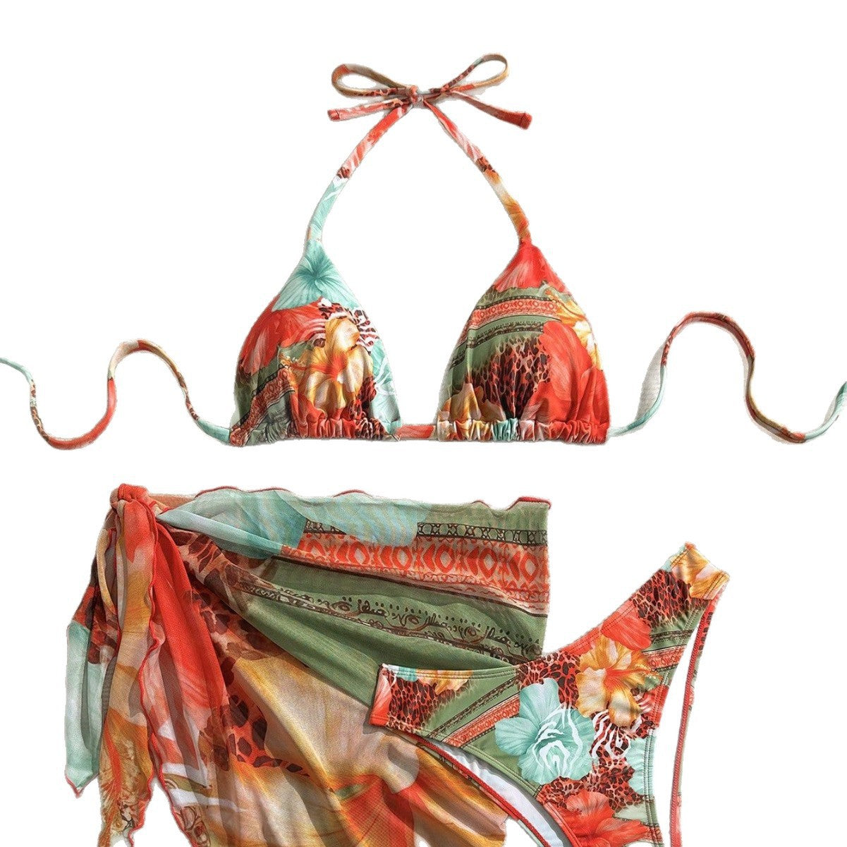 Bikini 3 piezas con pareo – Set sexy floral para playa y piscina